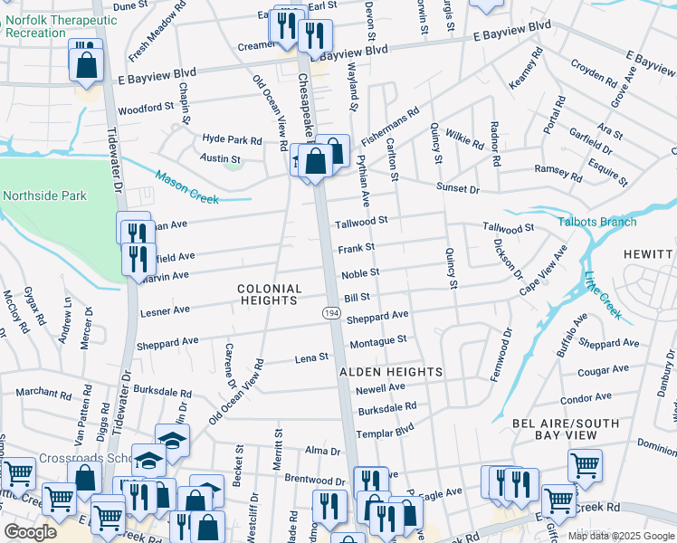 map of restaurants, bars, coffee shops, grocery stores, and more near 8350 Chesapeake Boulevard in Norfolk