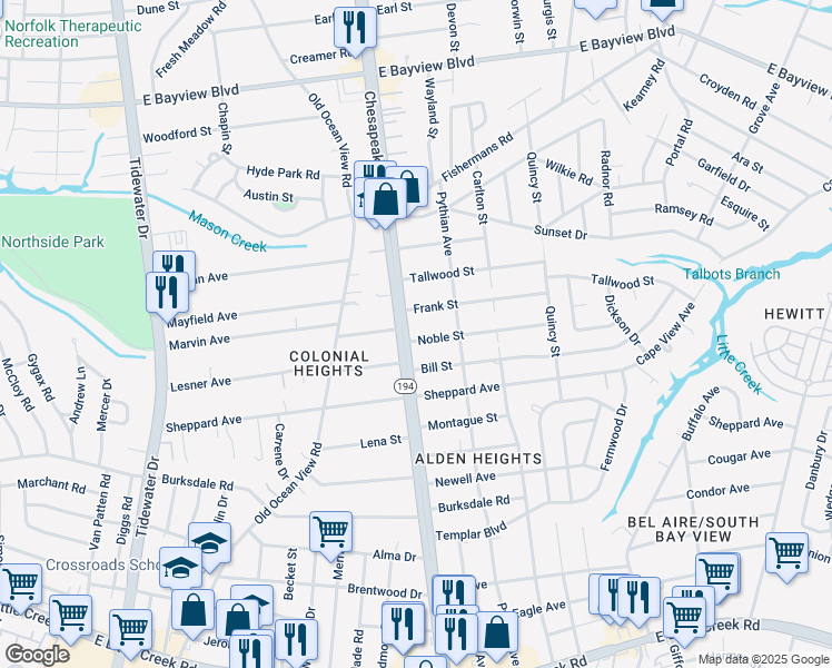 map of restaurants, bars, coffee shops, grocery stores, and more near 1110 Noble Street in Norfolk