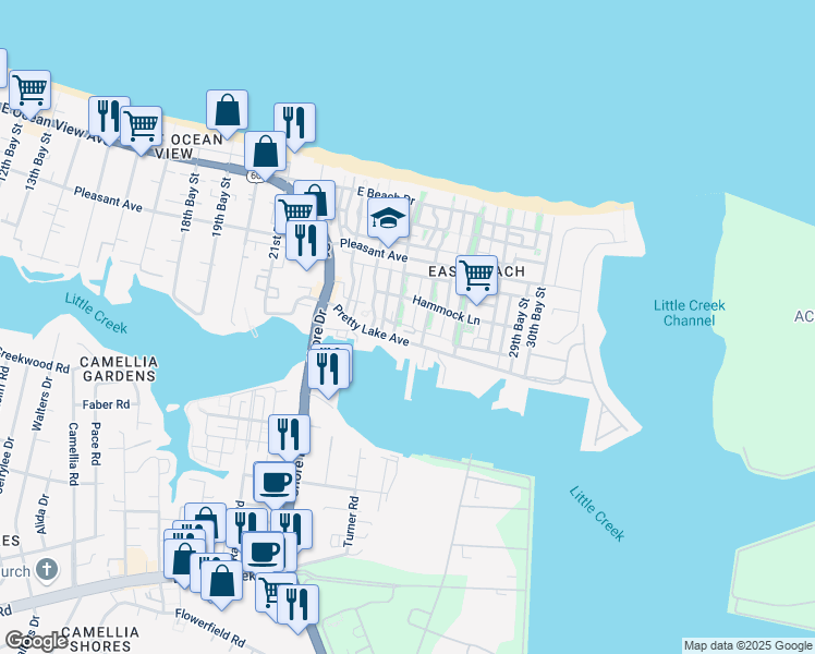 map of restaurants, bars, coffee shops, grocery stores, and more near 4500 Pretty Lake Avenue in Norfolk