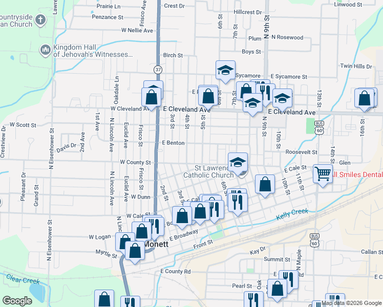 map of restaurants, bars, coffee shops, grocery stores, and more near 604 5th Street in Monett