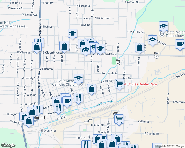 map of restaurants, bars, coffee shops, grocery stores, and more near 509 9th Street in Monett