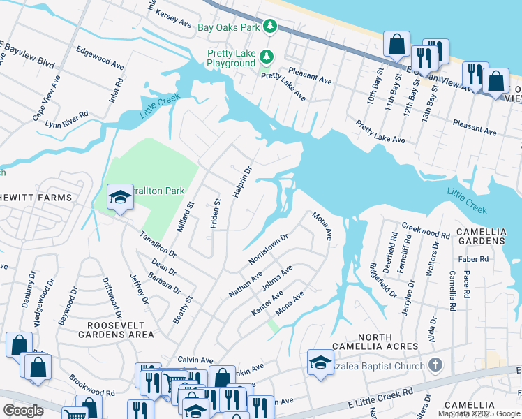 map of restaurants, bars, coffee shops, grocery stores, and more near 8440 Larrymore Avenue in Norfolk