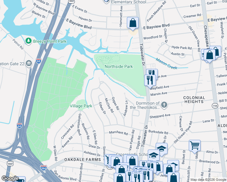 map of restaurants, bars, coffee shops, grocery stores, and more near 8240 Gygax Road in Norfolk