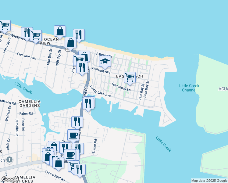 map of restaurants, bars, coffee shops, grocery stores, and more near 9523 26th Bay Street in Norfolk