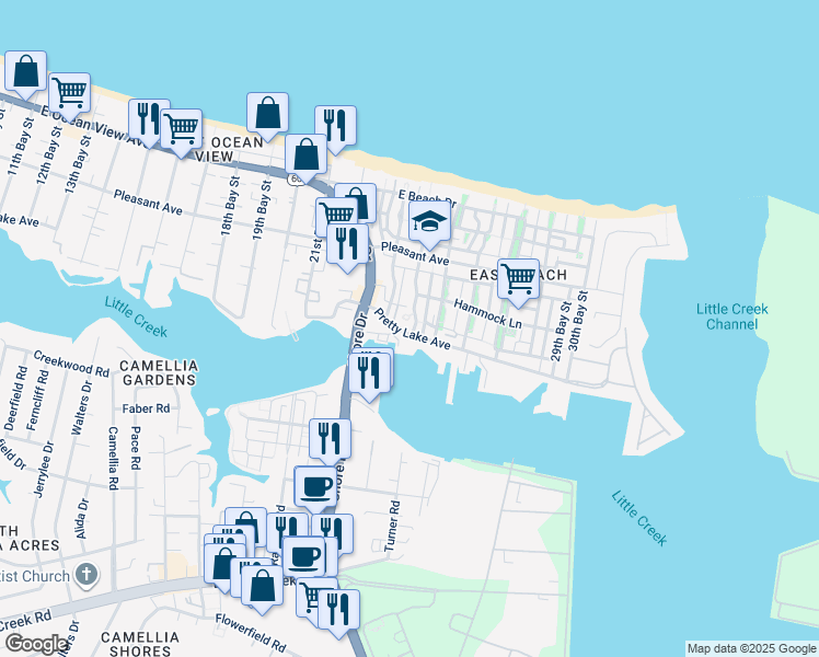 map of restaurants, bars, coffee shops, grocery stores, and more near 9501 24th Bay Street in Norfolk