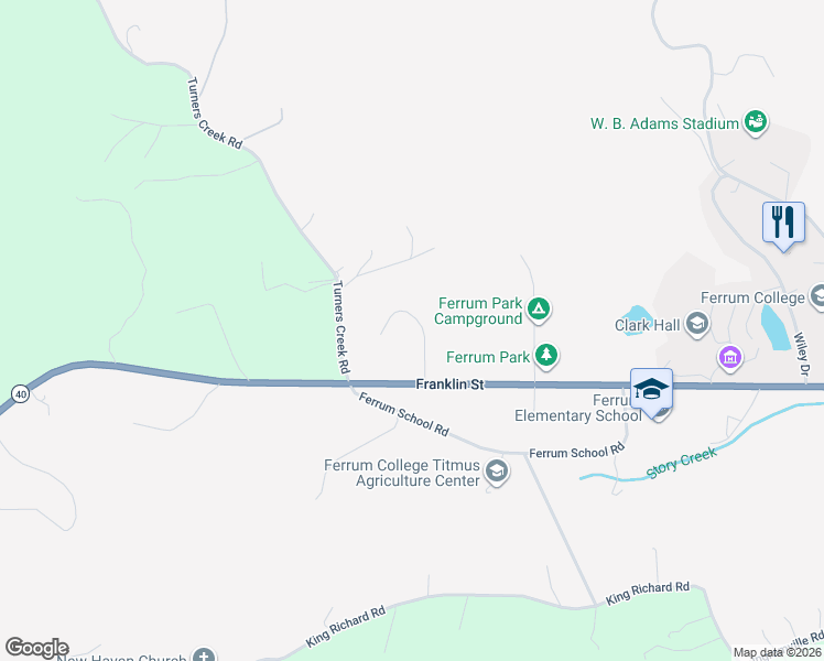 map of restaurants, bars, coffee shops, grocery stores, and more near 255 Shanleys Loop in Ferrum