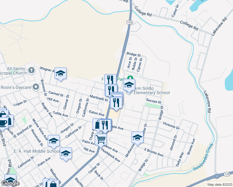 map of restaurants, bars, coffee shops, grocery stores, and more near 1015 East Lake Avenue in Watsonville