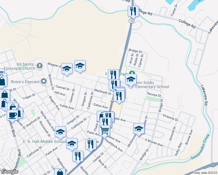 map of restaurants, bars, coffee shops, grocery stores, and more near 128 Martinelli Street in Watsonville