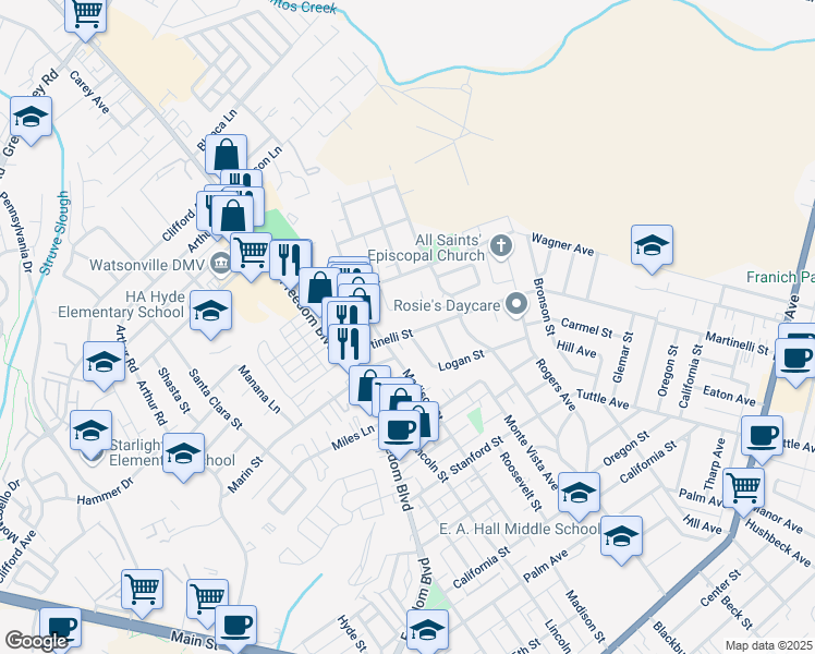 map of restaurants, bars, coffee shops, grocery stores, and more near 757 Martinelli Street in Watsonville