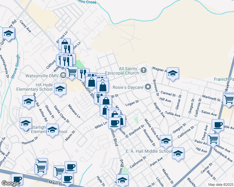 map of restaurants, bars, coffee shops, grocery stores, and more near 757 Martinelli Street in Watsonville