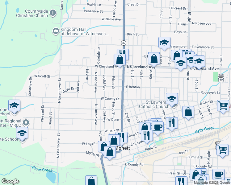 map of restaurants, bars, coffee shops, grocery stores, and more near 701-799 Frisco Avenue in Monett