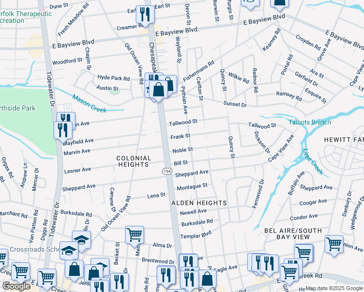 map of restaurants, bars, coffee shops, grocery stores, and more near 1126 Noble Street in Norfolk