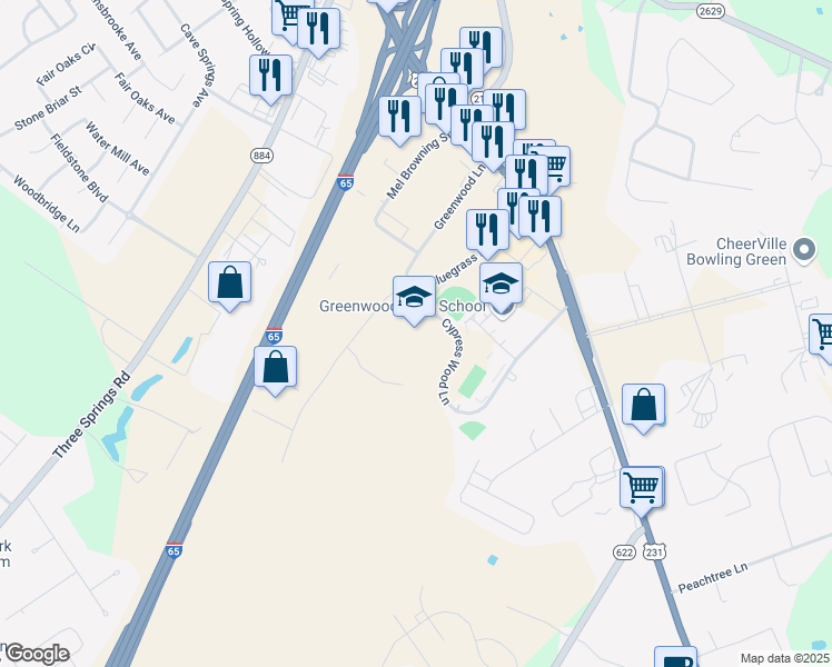 map of restaurants, bars, coffee shops, grocery stores, and more near 704 Cypress Wood Lane in Bowling Green
