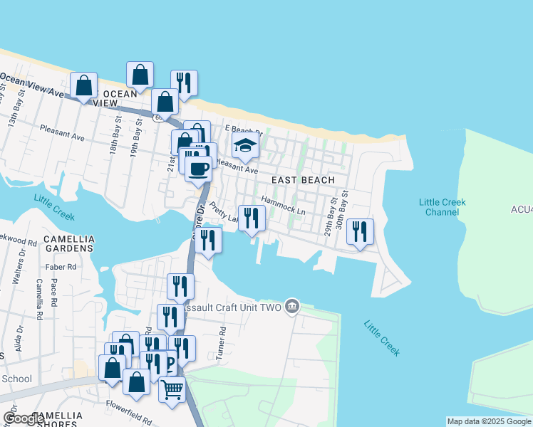 map of restaurants, bars, coffee shops, grocery stores, and more near 9531 26th Bay Street in Norfolk