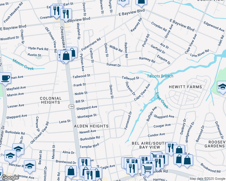 map of restaurants, bars, coffee shops, grocery stores, and more near 8315 Quincy Street in Norfolk