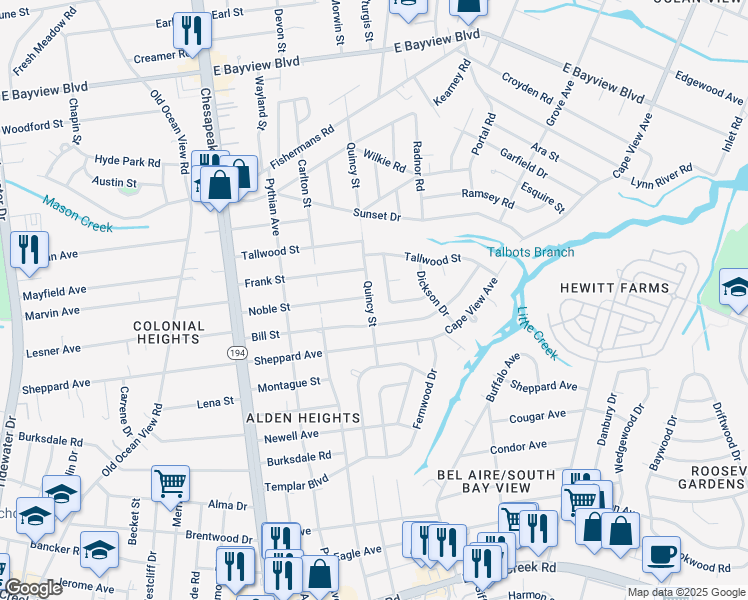 map of restaurants, bars, coffee shops, grocery stores, and more near 8315 Quincy Street in Norfolk