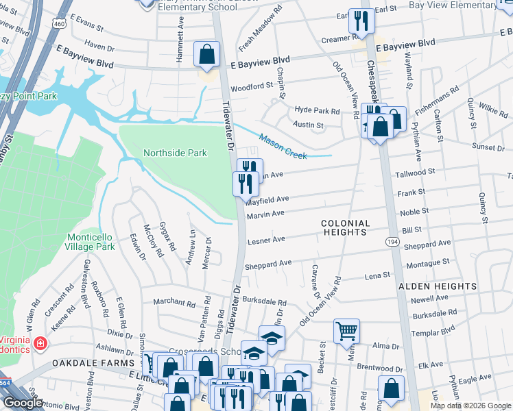 map of restaurants, bars, coffee shops, grocery stores, and more near 737 Marvin Avenue in Norfolk