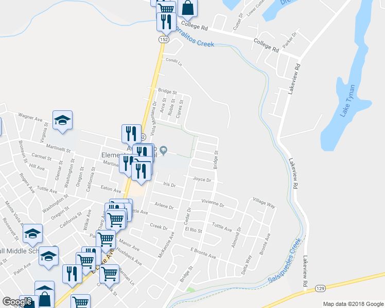 map of restaurants, bars, coffee shops, grocery stores, and more near 115 Marcela Drive in Watsonville