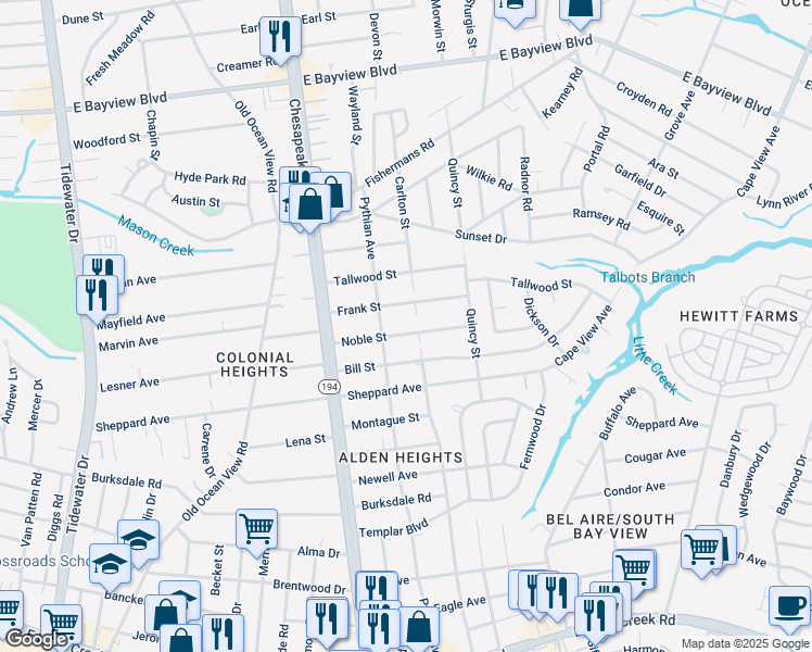 map of restaurants, bars, coffee shops, grocery stores, and more near 1220 Noble Street in Norfolk