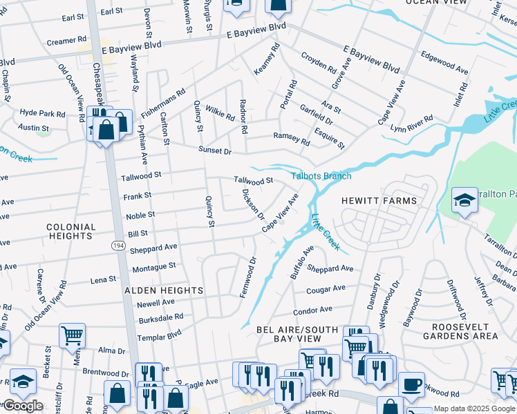 map of restaurants, bars, coffee shops, grocery stores, and more near 8305 Dickson Drive in Norfolk