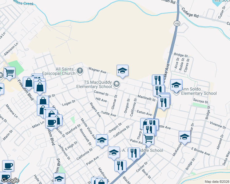 map of restaurants, bars, coffee shops, grocery stores, and more near 746 Glemar Street in Watsonville