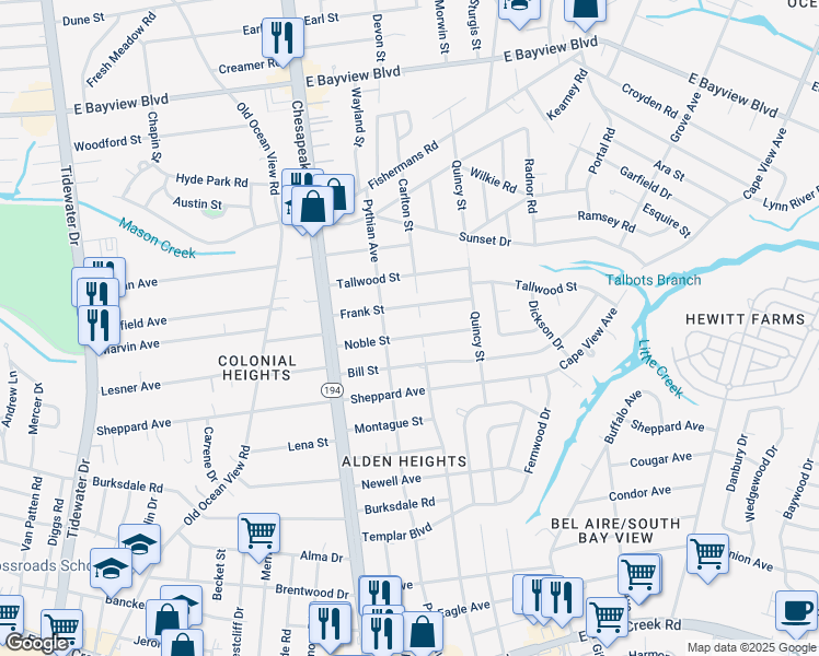map of restaurants, bars, coffee shops, grocery stores, and more near 1220 Noble Street in Norfolk