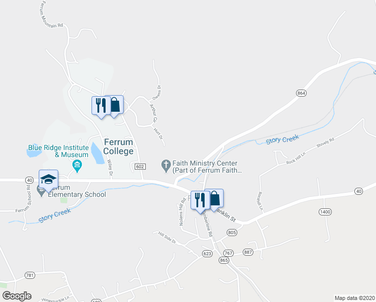 map of restaurants, bars, coffee shops, grocery stores, and more near 120 Leo Scott Drive in Ferrum