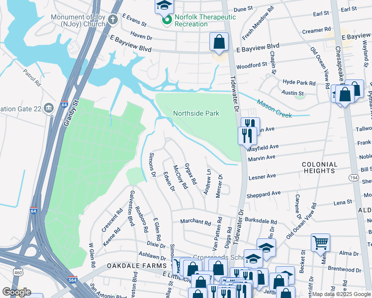 map of restaurants, bars, coffee shops, grocery stores, and more near 8240 Gygax Road in Norfolk