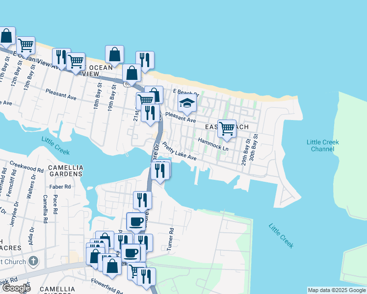 map of restaurants, bars, coffee shops, grocery stores, and more near 9518 24th Bay Street in Norfolk