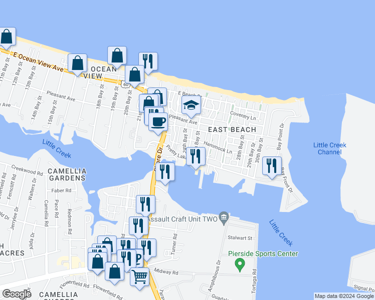 map of restaurants, bars, coffee shops, grocery stores, and more near 9518 24th Bay Street in Norfolk
