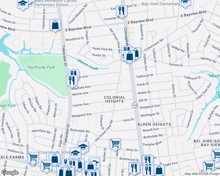 map of restaurants, bars, coffee shops, grocery stores, and more near in Norfolk