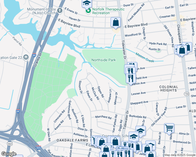 map of restaurants, bars, coffee shops, grocery stores, and more near 8240 Gygax Road in Norfolk