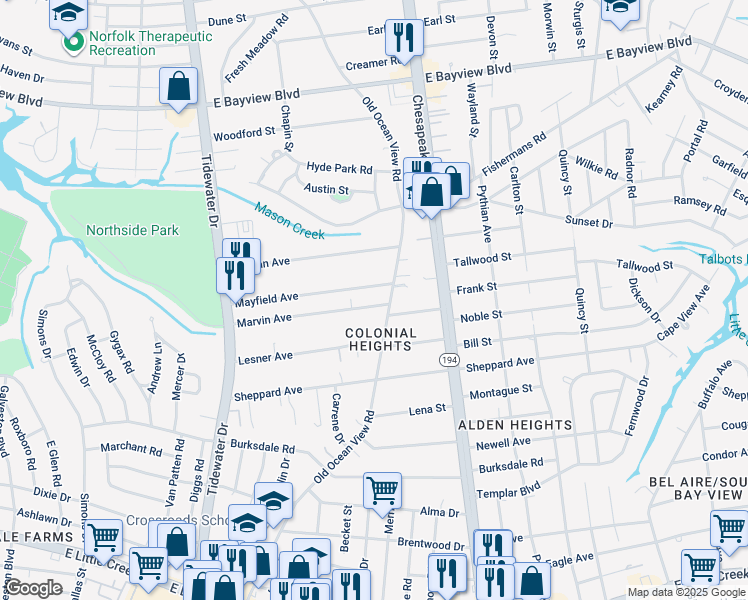 map of restaurants, bars, coffee shops, grocery stores, and more near 854 Marvin Avenue in Norfolk