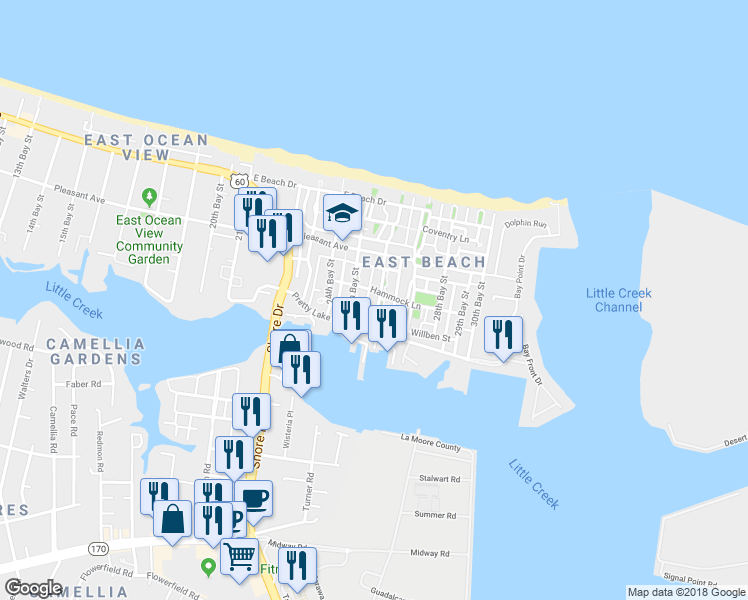 map of restaurants, bars, coffee shops, grocery stores, and more near 9543 26th Bay Street in Norfolk