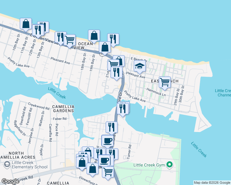 map of restaurants, bars, coffee shops, grocery stores, and more near 9519 22nd Bay Street in Norfolk