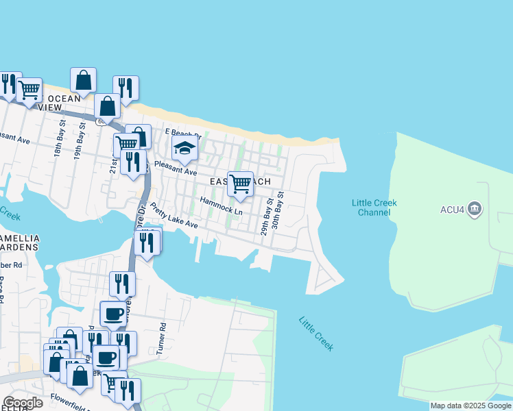 map of restaurants, bars, coffee shops, grocery stores, and more near 9568 28th Bay Street in Norfolk
