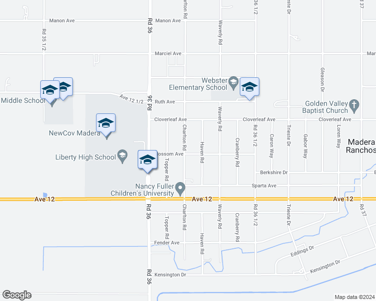 map of restaurants, bars, coffee shops, grocery stores, and more near 36191 Blossom Avenue in Madera