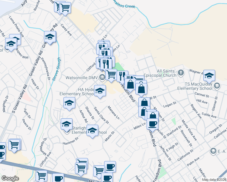 map of restaurants, bars, coffee shops, grocery stores, and more near 91 Alta Vista Avenue in Watsonville
