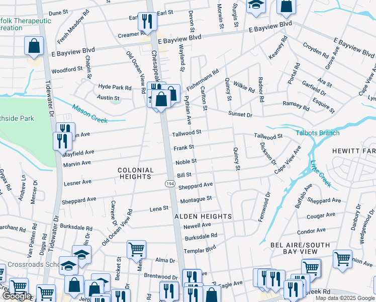 map of restaurants, bars, coffee shops, grocery stores, and more near 1135 Frank Street in Norfolk