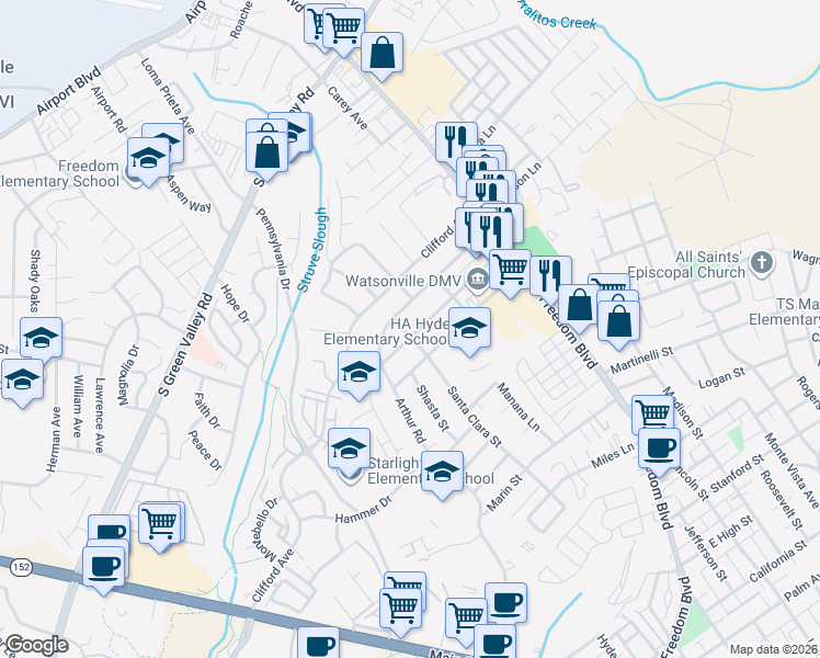 map of restaurants, bars, coffee shops, grocery stores, and more near 116 Arthur Road in Watsonville