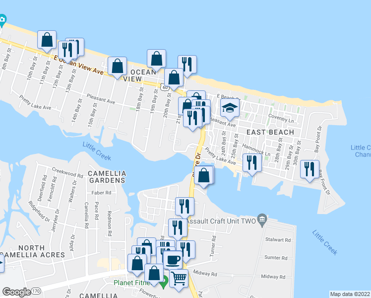 map of restaurants, bars, coffee shops, grocery stores, and more near 9519 22nd Bay Street in Norfolk