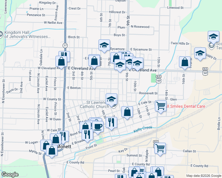 map of restaurants, bars, coffee shops, grocery stores, and more near 698 7th St in Monett