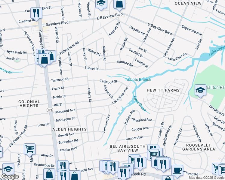 map of restaurants, bars, coffee shops, grocery stores, and more near 1613 Tallwood Court in Norfolk