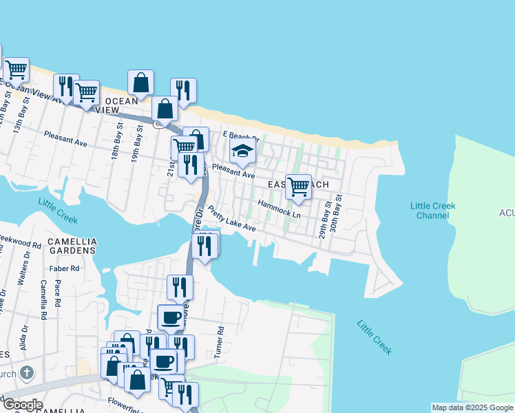 map of restaurants, bars, coffee shops, grocery stores, and more near 9543 26th Bay Street in Norfolk