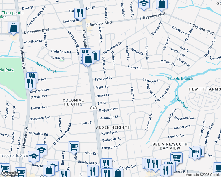 map of restaurants, bars, coffee shops, grocery stores, and more near 1209 Frank Street in Norfolk