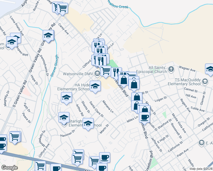 map of restaurants, bars, coffee shops, grocery stores, and more near 91 Alta Vista Avenue in Watsonville