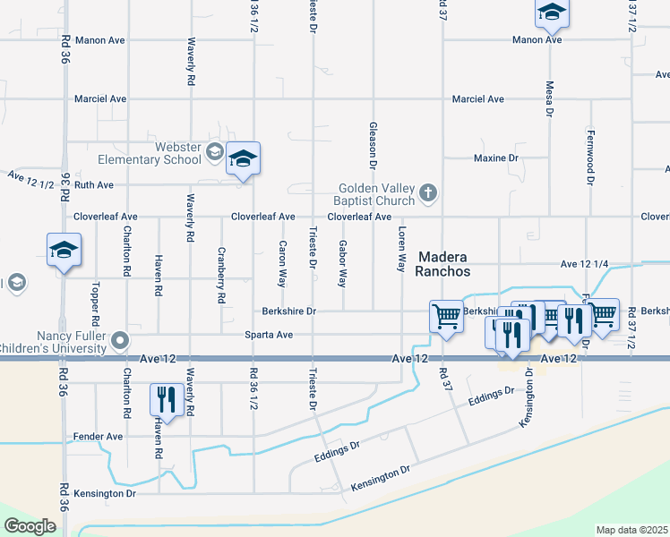 map of restaurants, bars, coffee shops, grocery stores, and more near 12236 Gabor Way in Madera