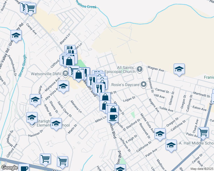 map of restaurants, bars, coffee shops, grocery stores, and more near 1080 Madison Street in Watsonville