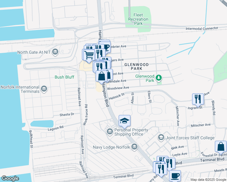 map of restaurants, bars, coffee shops, grocery stores, and more near 8110 Virginia 337 in Norfolk