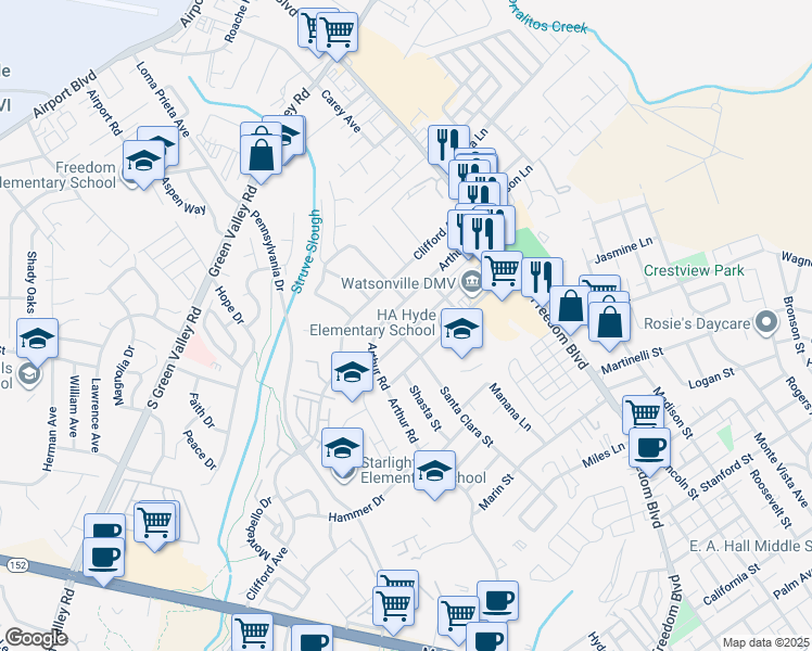 map of restaurants, bars, coffee shops, grocery stores, and more near 134 Mariposa Avenue in Watsonville